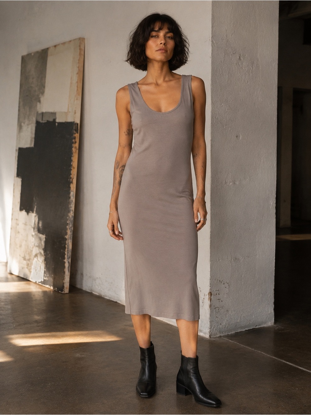 Mododoc Minimalist Taupe Midi Tank Dress • Size Small
